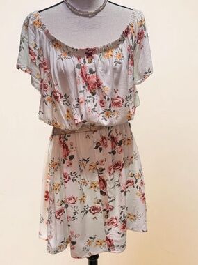 J for Justify White Floral Off-Shoulder Midi Dress,Pink,Yellow roses,cottagecore